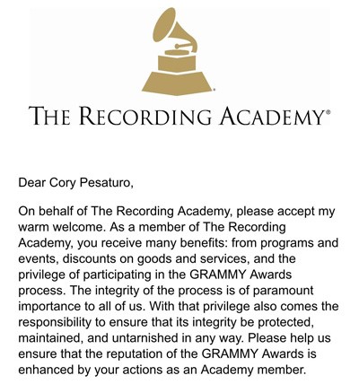 Cory Pesaturo Academy letter