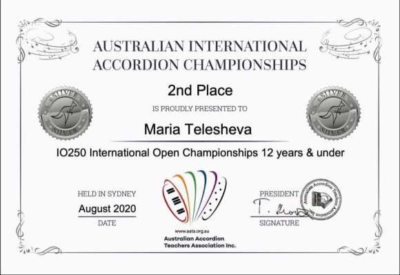 Maria Telesheva Award Certificate