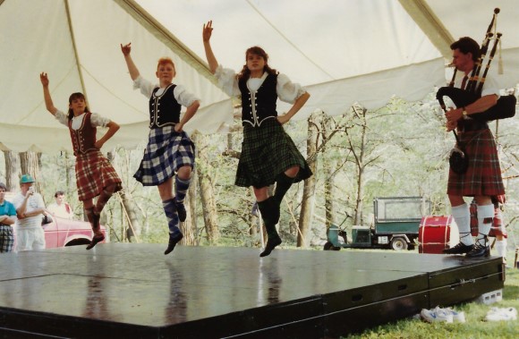 Photo: Jeanne performing Scottish Highland dance, age 17 (girl closest to piper)